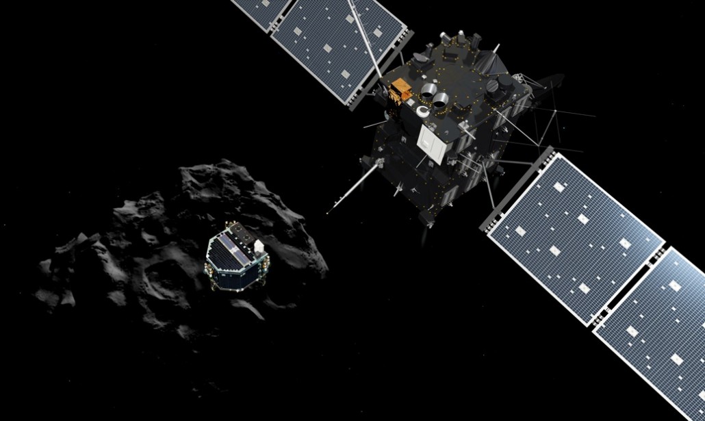 Nell'immagine 3D, la simulazione del distacco del lander Philae dalla sonda Rosetta
