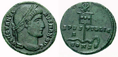 Moneta di Costantino (ca.327) con la rappresentazione del monogramma di Cristo sopra il labaro imperiale