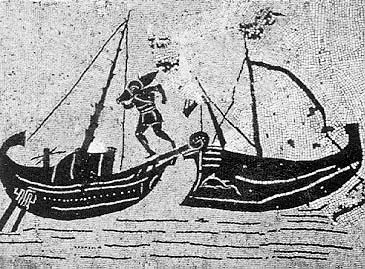 Ostia - Piazzale delle Corporazione. Scena di trasbordo da una nave marittima (dx) a una navis caudicaria (sx) 